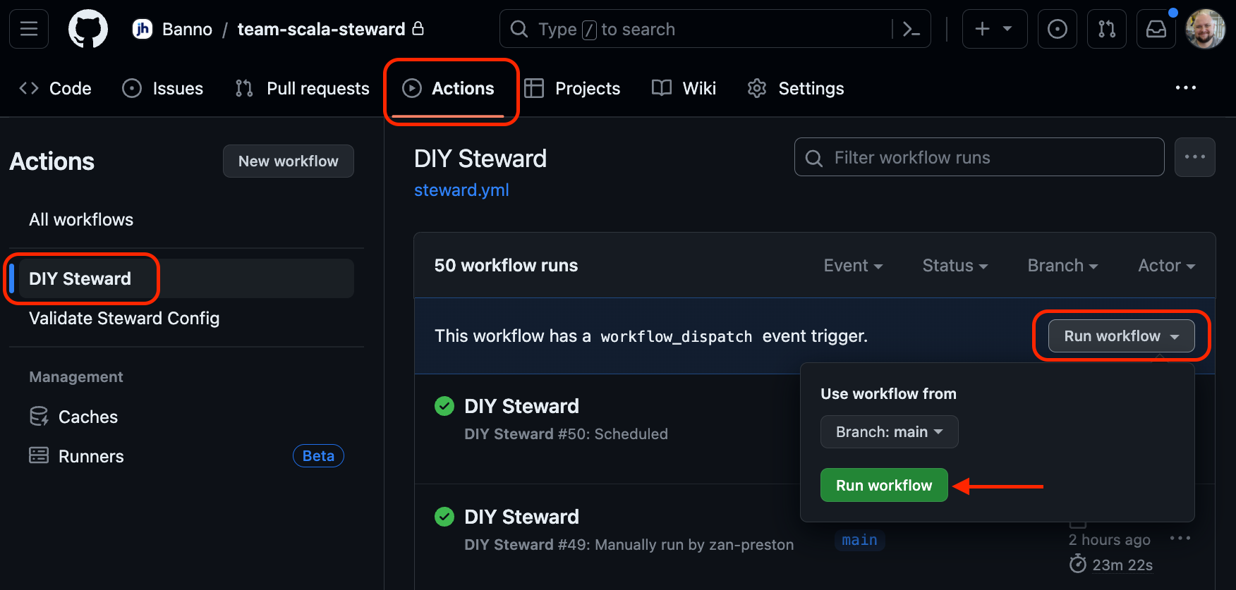 run-steward An image showing how to run the Scala Steward workflow
